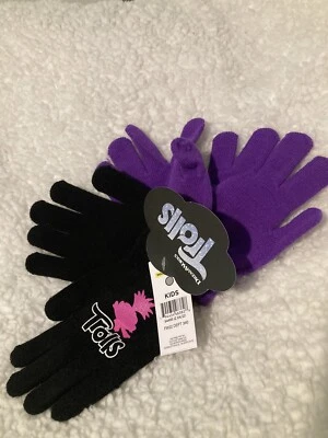 TROLLS Kids Winter Gloves Gear Snow Hands 2 Pair black purple NEW! FREE S/H! NWT