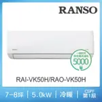 【RANSO 聯碩】7-8坪R32一級變頻冷暖分離式(RAI-VK50H/RAO-VK50H)