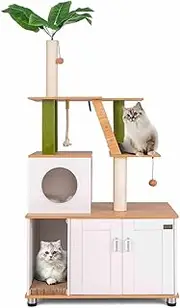 Costway Large Cat Tree w/Litter Box Enclosure, Hidden Cat Washroom w/Cat Tower, All-in-One Cat Condo Furniture w/Scratching Posts, Ladder, Scratcher, Sisal Rope, Dangling Balls