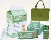 Asahi Paws Complete Greener Pet Care Bundle with Regular Puppy Pads, Compostable Waste Bags, Cucumber Scented Compostable Wet Wipes, Travel Pack and Pawrent Lifestyle Tote Bag, Green