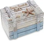 CoTa Global Coastal Wooden Trinket Box - Handcrafted Nautical Keepsake Storage Box, Cute Wood Box with Starfish And Shells Decor, Rustic Wood Decorative Box With Hinged Lid Sea Decor - 4.25 Inches