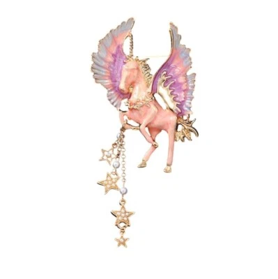 Pink Enamel Unicorn Pegasus Brooch Pin Dangle Stars Gold Tone