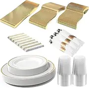 SHINYPACKET 225 Pcs Dinnerware Set, 25 Guests Reusable Plastic Cutlery Dinnerware Set for Party, 25 Pcs Forks, Knives, Spoons, Cups, Straws, Napkins with Ring, Dinner and Salad Plates (Gold)