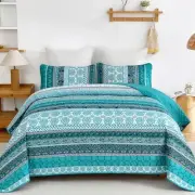 Boho Quilt Set Size 3 Pieces Bohemian Striped Patchwork Bedspread King Teal