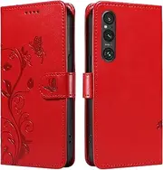 [YBFJCE] Case for Sony Xperia 1 V, PU Leather Magnetic Flip Folio Kickstand Card Holder Shockproof Protective Cover, Wallet Case for Sony Xperia 1 V, Red