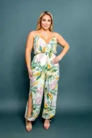 Womens Plus Size Cream Tropical Print Jumpsuit 2XL Genie Pant Split Tie Hem