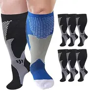 [Cheeroyal] 6 Pairs plus size compression socks wide calf for Men Women 20-30mmhg for Running Travel Flight Teachers Older Adult (6XL, Black), Black, XX-Large