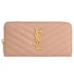 【YSL】MONOGRAM 金屬字母LOGO V字紋牛皮拉鍊發財零錢長夾(藕粉)