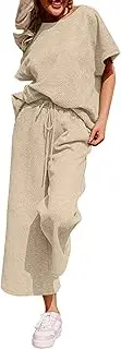 [PTOLOCIF] Two Piece Outfits for Women Summer Lounge Sets Short Sleeve Top Drawstring Wide Leg Pants Casual Textured Tracksuit