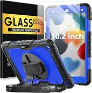 BLOSOMEET Case for iPad 8th 9th Generation 2020 2021 10.2 Inch with Tempered Glass Screen Protector & Pencil Holder,Rugged iPad 7th Gen 10.2 Case Cover 2019 w/Stand Hand Shoulder Strap,Blue