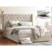 Giselle Gas Lift Storage Wing Bed Frame with Studs in King, Queen & Double Size (Beige Fabric)
