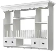 Wooden Kitchen Wall Cabinet with Hooks, Drawers and Shelves, Wall Mounted Storage Cabinet for Kitchen, 90.5 x 22.5 x 70.3 cm, MDF & Pine Wood (Frame) + Iron (Handle & Hook)