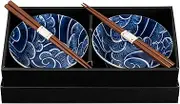 Omotenashi Sayanami Blue Donburi Bowls & Chopsticks Set of 2 - Mino Ware Made in Japan