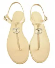 Chanel 20S Beige Comet Crystal CC Logo Mule Ankle Strap Thong Sandal Flat 36