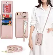 Cavor Vertical Flip Cover for iPhone SE 2020/ SE 2022 Leather Case for iPhone 7/ iPhone 8 Case 4.7'' Crossbody Wallet Card Slots with 360°Rotation Ring Holder Kickstand & Long Shoulder Lanyard Strap--Rose