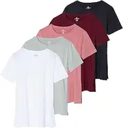 [Real Essentials] 5 Pack: Women's Short Sleeve Crew Relaxed Active T-Shirt Dry-Fit Yoga Top with Split Hem (Available in Plus)