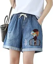 [ZISTRCBAO] Women’S Denim Shorts Ripped High Waisted Hot Shorts - Ladies Retro Embroidered Cotton Denim Shorts,Women's Elastic Waist Loose Denim Shorts