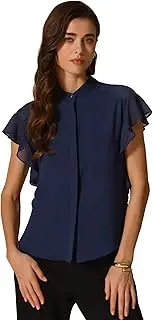 [Allegra K] Women's Solid Stand Collar Ruffle Sleeve Work Business Office Casual Outfits Shirts