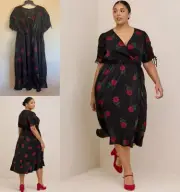TORRID 2 Rose Print Faux Wrap Midi Dress 2X 1X? Black Red Satin Finish Sexy