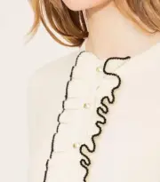 $350 NEW TORY BURCH EMILY Ivory Cashmere Sweater Black Ruffle Pearl Button S M
