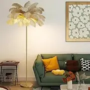 Ostrich Feather Floor Lamp, 160 cm Tall, White Light with Gold Stand, Living Room Bedroom Decor,Khaki,Large