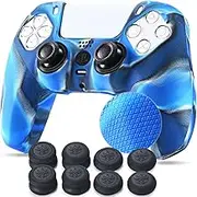 YoRHa Grip Texture Silicone Cover Skin Case for Sony PS5 Dualsense Controller x 1(Camou Blue) with Pro Thumb Grips x 8