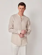 Hawes & Curtis Natural Pure Linen Shirt | Collarless Size: Medium | Long