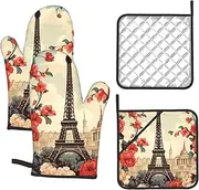 4 pcs Oven Mitts and Pot Holders Set 500°F Heat Resistant Oven Gloves and Hot Pads Kitchen Mittens Paris Vintage Floral Cooking Gloves Potholders for Baking Grilling