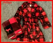 Victoria's Secret Pink Buffalo Plaid Robe + Sherpa Blanket Red Black Dog M L NIP