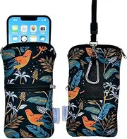 Tainada Men Women Phone Neoprene Shockproof Zippered Sleeve Case Bag Pouch with Carabiner, Neck Lanyard, Belt Loop Holster for iPhone 16/15 Pro Max, 16 Plus, Samsung S24+, A54 (Birds Floral Navy Blue)