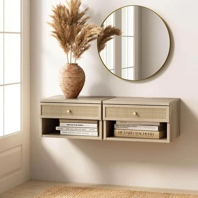 Nathan James Jackson 16 in. Wall Mounted Rattan Floating Bedroom Nightstand with