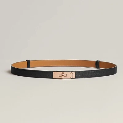 NEW HERMES Kelly 18 Belt Black Epsom Rose Gold Hardware Buckle Rivale Constance