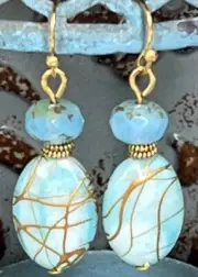 Gold drizzled Blue Shell and Rustic Picasso Czech Glass Bead Earrings