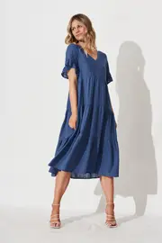 Kristen Midi Smock Dress Short Sleeve in Blue Linen Blend 8