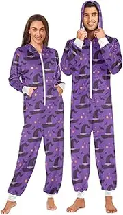 [ZZXXB] Witch Hat and Bat Onesie Pajamas for Adult Women Men Long Sleeves One Piece Onesies Hooded Sleepwear S - XL