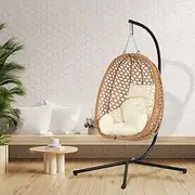 Handwoven Rattan Hanging Chair with UV - Resistant Coating - Ergonomic Armrests, Collapsible Design for Indoor Meditation, Outdoor Conversation and Space - Saving in Studio Apartments (Fold Brown)