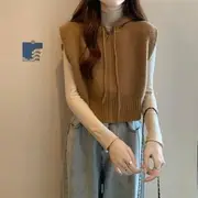 Plain Hood Zip Sweater Vest / Long-Sleeve Mock Neck Plain Top 2700 - Vest - Khaki - One Size