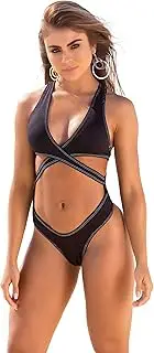 [Yandy] Swimsuit One Piece with Criss-Cross Front with Shoulder Straps Open Bodice and Thong Back