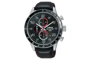 Lorus Men's Sports Chronograph Quartz Wristwatch Mod. SPORTS 10 ATM 45mm Stainless Steel Case Leather Strap - Black Introducing the Refined Replacement Leather Watch Strap in Black for Men's Lorus Sports Chronograph Wristwatch