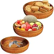 3 Pack Round Storage Baskets, Small Woven Bowl Bread Basket, Rattan Wicker Round Tray for Organizing Keys, Wallet, Cell Phone, Restaurant Food Service Basket