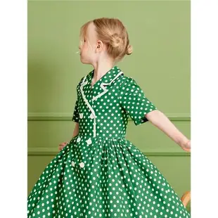 波點綠色復古雙排扣蓬蓬裙童裝