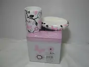 3 pc Tiddliwinks Pink & Black Floral Bath Set Tumbler Soap Dish Tissue Box Cover