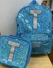 JUSTICE BACKPACK & LUNCHBOX INITIAL “T” SHIMMERING MERMAID BLUE SEQUINS CUTE!!