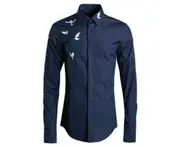 Men's Embroidery Design Slim Fit Long Sleeve Button Up Dress Shirts-dark blue