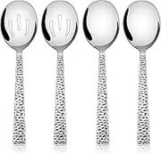 E-far Hammered Serving Spoons, 4-Piece Stainless Steel Serving Utensils Set Includes Slotted & Solid Spoons, Metal Hostess Tablespoons for Catering Buffet Party Kitchen Restaurant