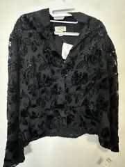 Talbots Black Velvet Floral Burnout Brocade Front Button Blouse Top Size 18 NOS