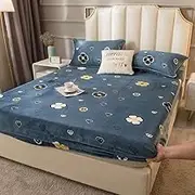 Cartoon Fleece Warm Fitted Sheet Kids Mattress Protective Cover Coral Fleece Non-Slip King Queen Bed Cover-Blue_1_180x200cm+30cm(1pcs)