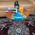 Ocean Round Epoxy Table, Walnut Resin Coffee Side Table Modern Furniture & Decor
