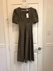 NWT Ted Baker Ledra Solid Khaki Midi Puff Sleeve Dress Ted Sz 1 US 4