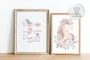 Baby girl nursery wall art prints, Unicorn, Floral, Believe in your dreams art
